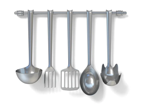 Steel kitchen utensils hanging. 3D — Stock fotografie