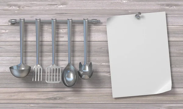 Blank paper with kitchen utensils 3D — ストック写真