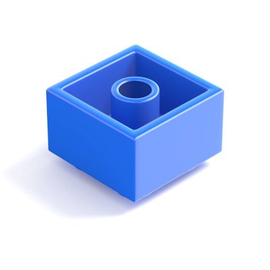 Mavi plastik yapı taşı, çocuk oyuncağı. Alt görünümü. 3D