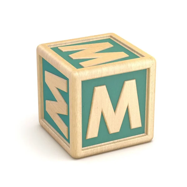 Bokstaven M trä alphabet block teckensnitt roteras. 3D — Stockfoto