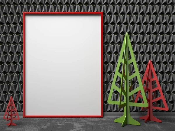 Mock-up marco de lona roja, y árboles de Navidad. 3D — Foto de Stock