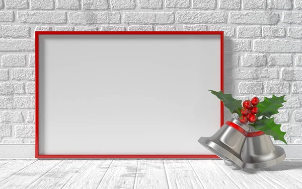 Mock-up rode doek frame, kerst bells en bakstenen muur. 3D — Stockfoto