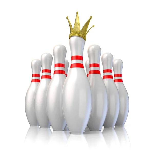 Bowling pinnen geordend en één met koninklijke kroon. 3D — Stockfoto