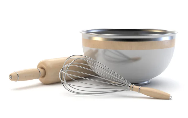 Wire whisk, wooden rolling pin and chrome bowl. 3D — Stock Photo, Image