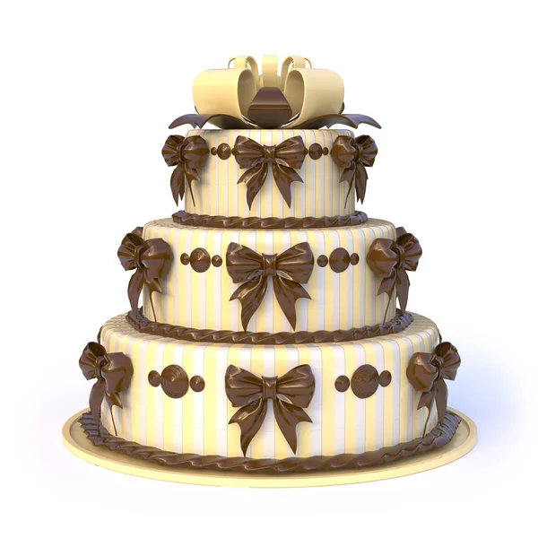Háromszintes sárga torta szalag íjak. 3D — Stock Fotó