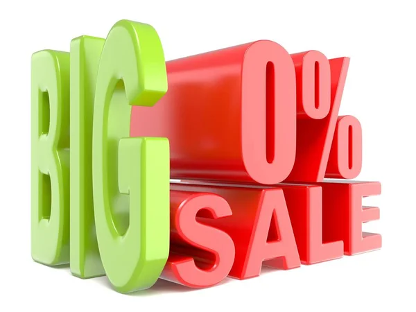Grande venda e por cento 0% 3D palavras sinal — Fotografia de Stock