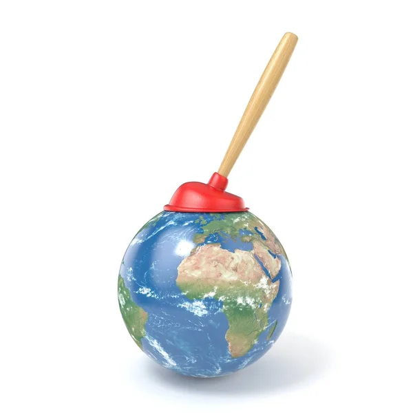 Red kitchen plunger on planet Earth 3D — Stock Photo, Image