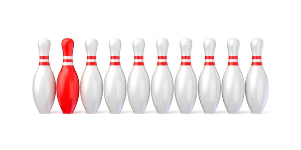 White bowling pins lined and red one. 3D — Stock Photo, Image