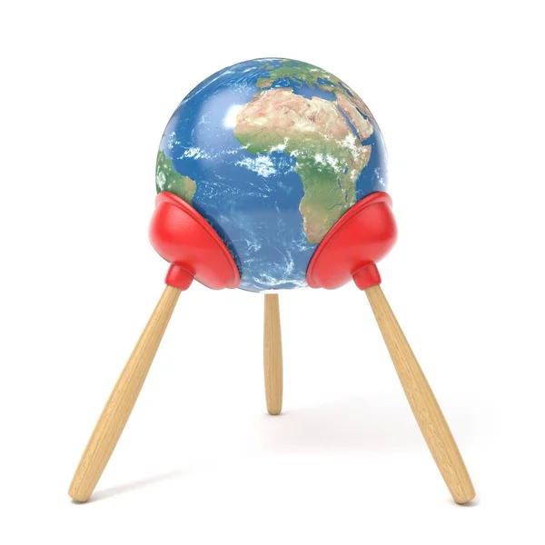 Planet Earth stand on three red kitchen plunger 3D — Stock Photo, Image