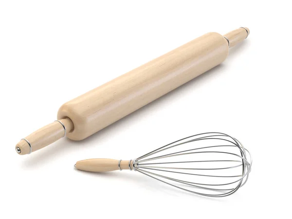 Wooden rolling pin and wire whisk. 3D — Stock Photo, Image