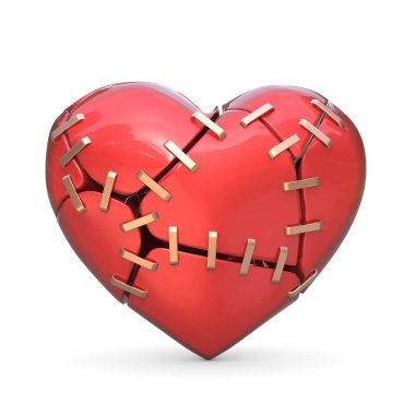 Broken red heart joined with metal staples. 3D clipart