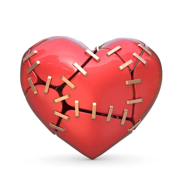 Broken red heart joined with metal staples. 3D — Stock Photo, Image