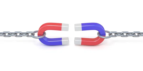Dois ímã ferradura vermelho e azul em correntes 3D — Fotografia de Stock