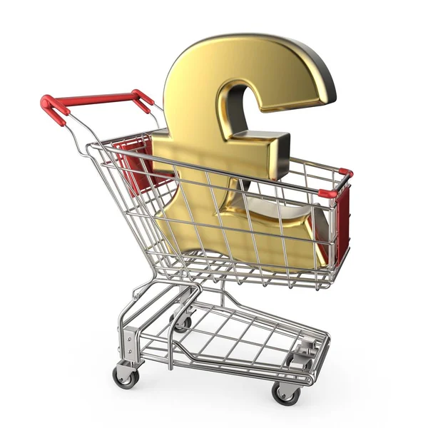 Červený nákupní košík s Zlatý znak měny Libra 3d — Stock fotografie