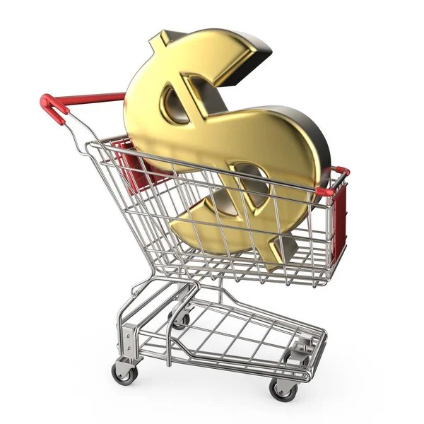 Red shopping cart with golden dollar currency sign 3D — Stock Photo, Image