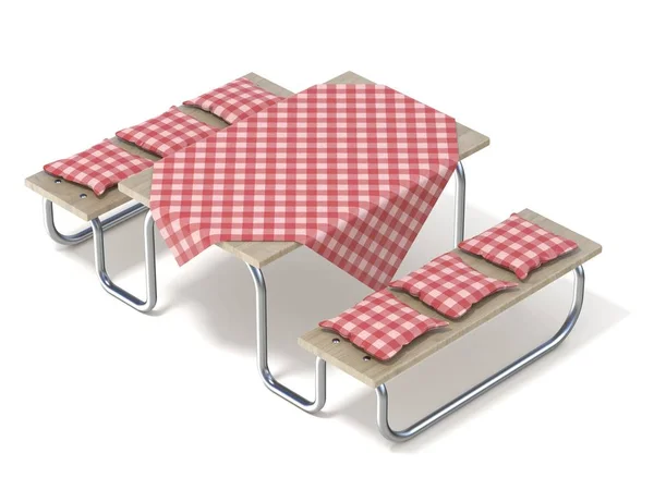 Mesa de picnic con cubierta de mesa roja y almohadas. 3D —  Fotos de Stock