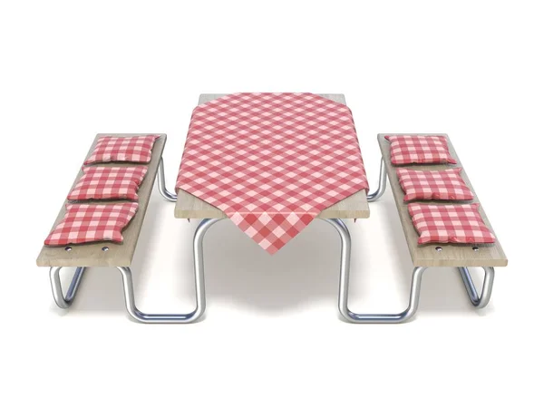 Mesa de picnic con cubierta de mesa roja y almohadas. 3D —  Fotos de Stock
