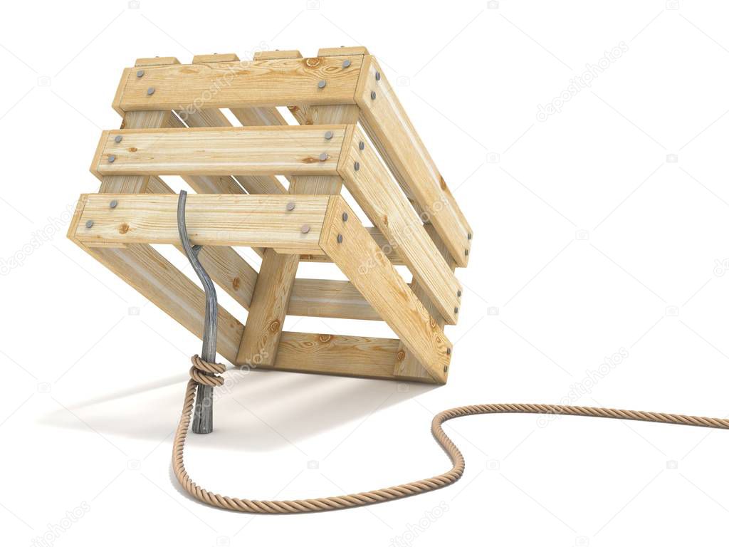 Trap made of wooden crate and rope tide to stick 3D