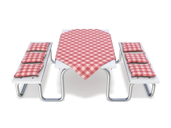 Piknikový stůl s krytem červená tabulka a polštáře. 3D — Stock fotografie