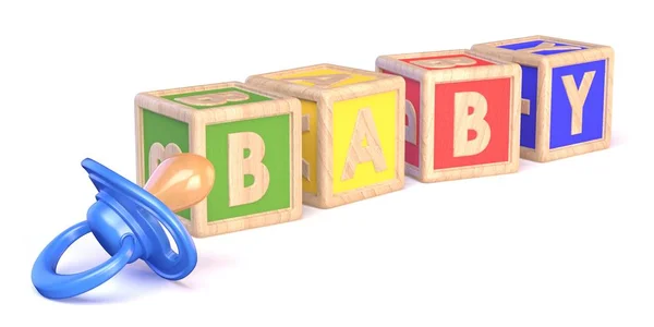 Palabra bebé hecho de bloques de madera juguete y chupete de bebé 3D — Foto de Stock