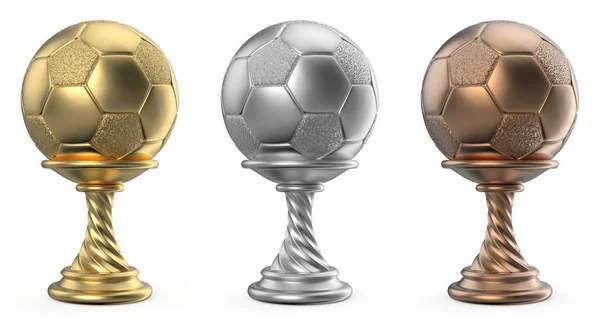 Zlaté, stříbrné a bronzové trophy pohár fotbal fotbal 3d — Stock fotografie