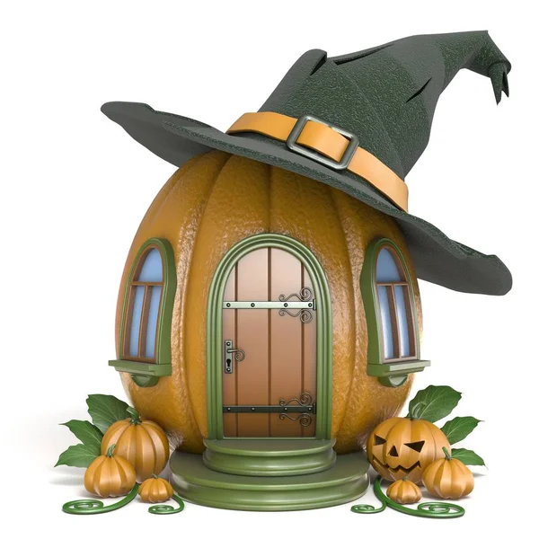 Halloween pumpkin house with witch hat 3D — Stock Photo, Image