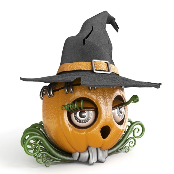 Halloween tök, Jack O Lantern hölgy boszorkány kalap 3d — Stock Fotó