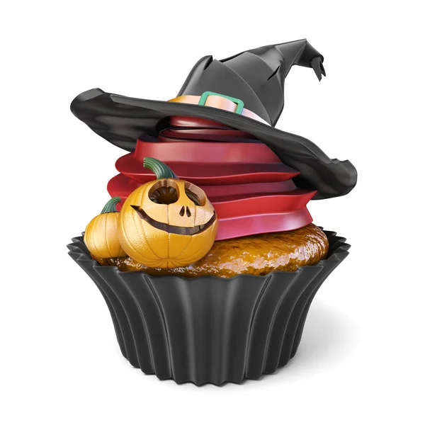 Halloween muffin met Jack O'Lantern en witch hat 3d — Stockfoto