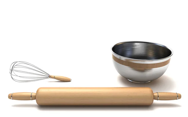 ワイヤー泡立て器、木製の麺棒とクロム ボウル 3 d — ストック写真