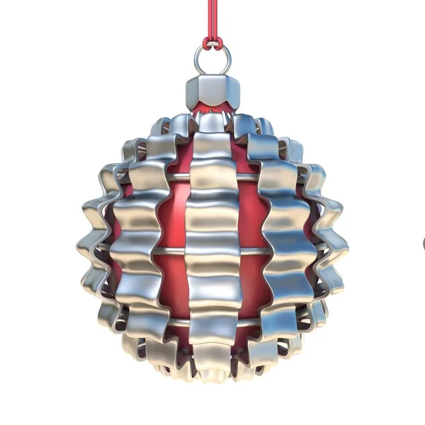 Rode kerst bal met zilveren Golf ribbons 3d — Stockfoto