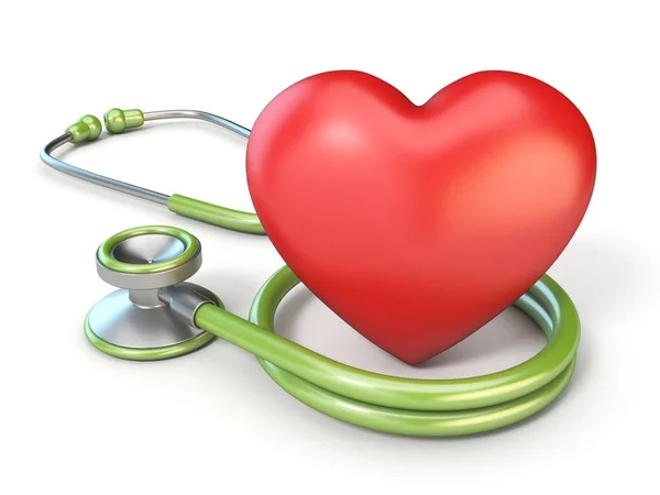 Orvosi sztetoszkóppal, és piros szív alakú 3D-s — Stock Fotó