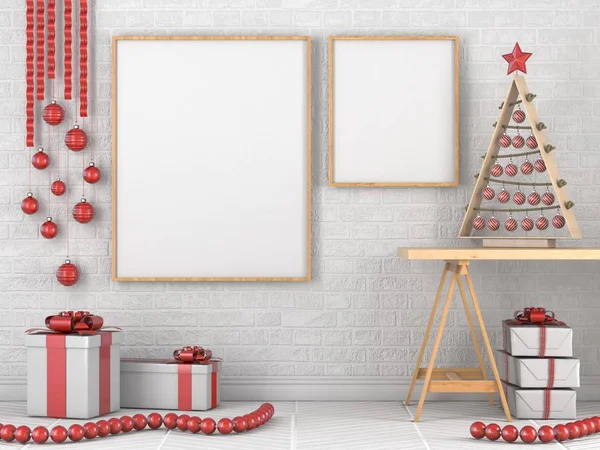 Falsificare cornice in legno bianco, decorazione di Natale e gif — Foto Stock