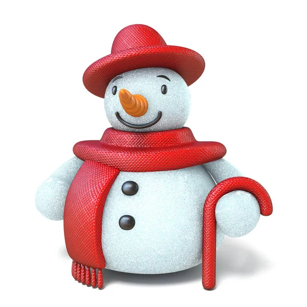 Snowman with red hat, scarf and stick 3D — Stock Photo, Image