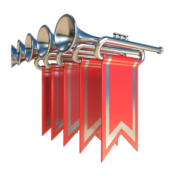 Fanfare cinq trompettes d'argent et drapeaux rouges 3D — Photo