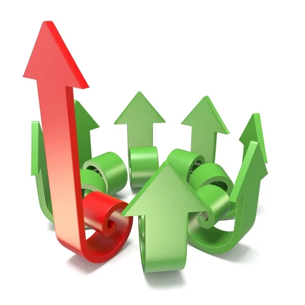 Зелені спіральні стрілки спрямовані по центру з однією червоною стрілкою fa — стокове фото
