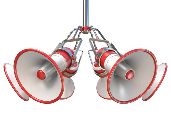 Red and white megaphones hanging 3D — Stock Photo, Image