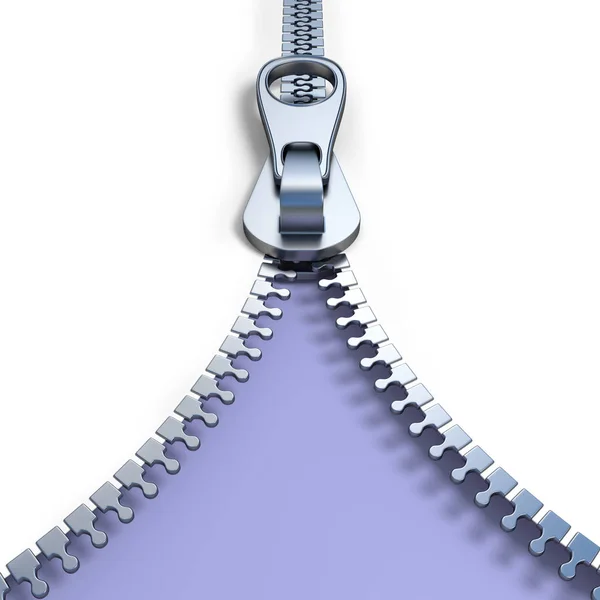 Metal zipper on purple background front view 3D — Stock Photo, Image