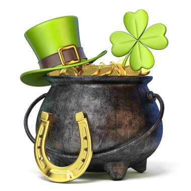 Demir pot altın sikke, yeşil St. Patrick's günü şapka, clov dolu