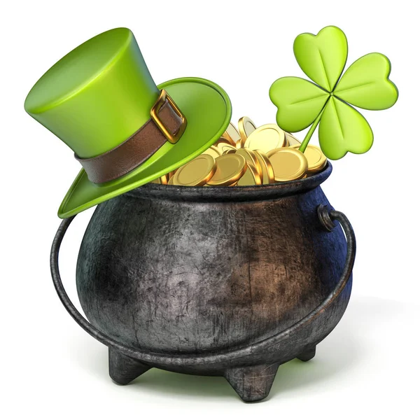 Iron pot full of golden coins, Green St. Patrick's Day hat and c — Stock Photo, Image