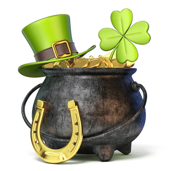 Pote de ferro cheio de moedas de ouro, chapéu do Dia de São Patrício Verde, cravo — Fotografia de Stock