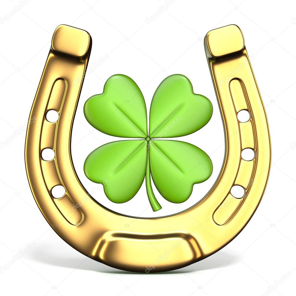 Lucky symbols horse-shoe and four-leaf clover Front view 3D