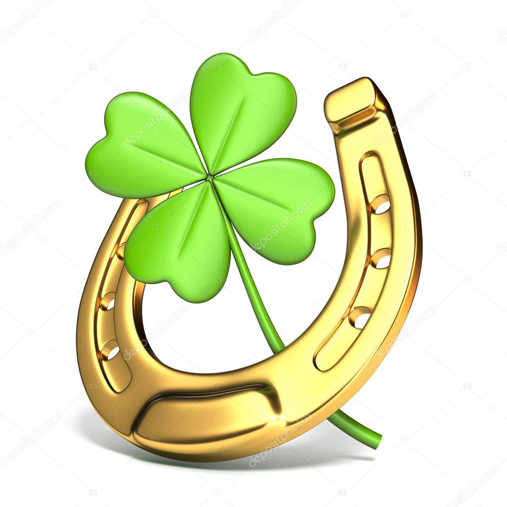 Lucky symbols horse-shoe and four-leaf clover Side view 3D