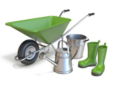 El arabası ile gumboots, sulama ve metal kova 3d