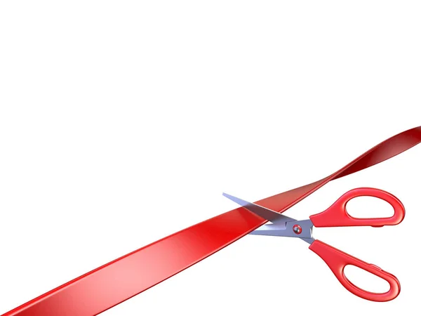 Scissors cutting red ribbon 3D — Stock Photo, Image