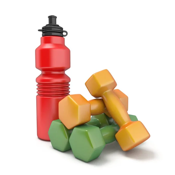 Műanyag palack és súlyzók 3d — Stock Fotó