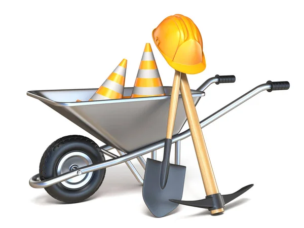 Carrinho de mão com pá, picareta, cones de trânsito e hardhat 3D — Fotografia de Stock