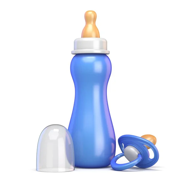 Голубая детская бутылка и пацифист 3D — стоковое фото