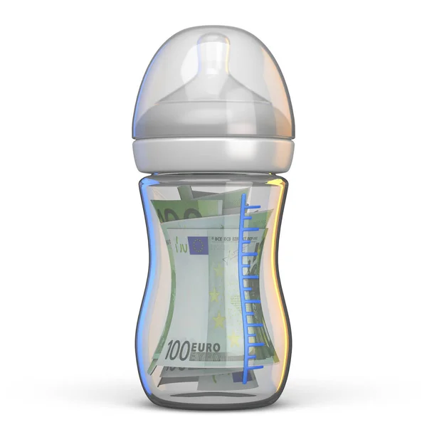 Baby Bottle Full Euro Bills Rendering Illustration Isolated White Background — Stock Photo, Image