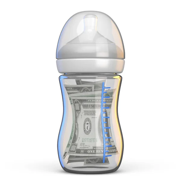 Baby Bottle Full Dollar Bills Rendering Illustration Isolated White Background — Stock Photo, Image