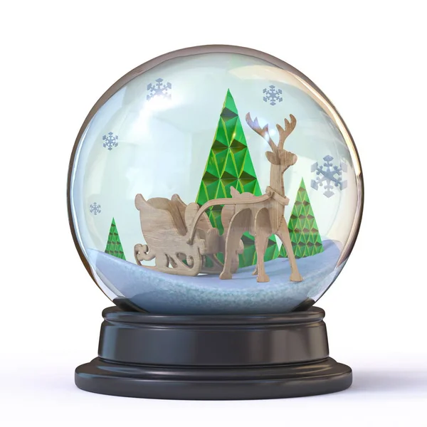 Snow ball with forest, reindeer and wooden sledge 3D — Stockfoto